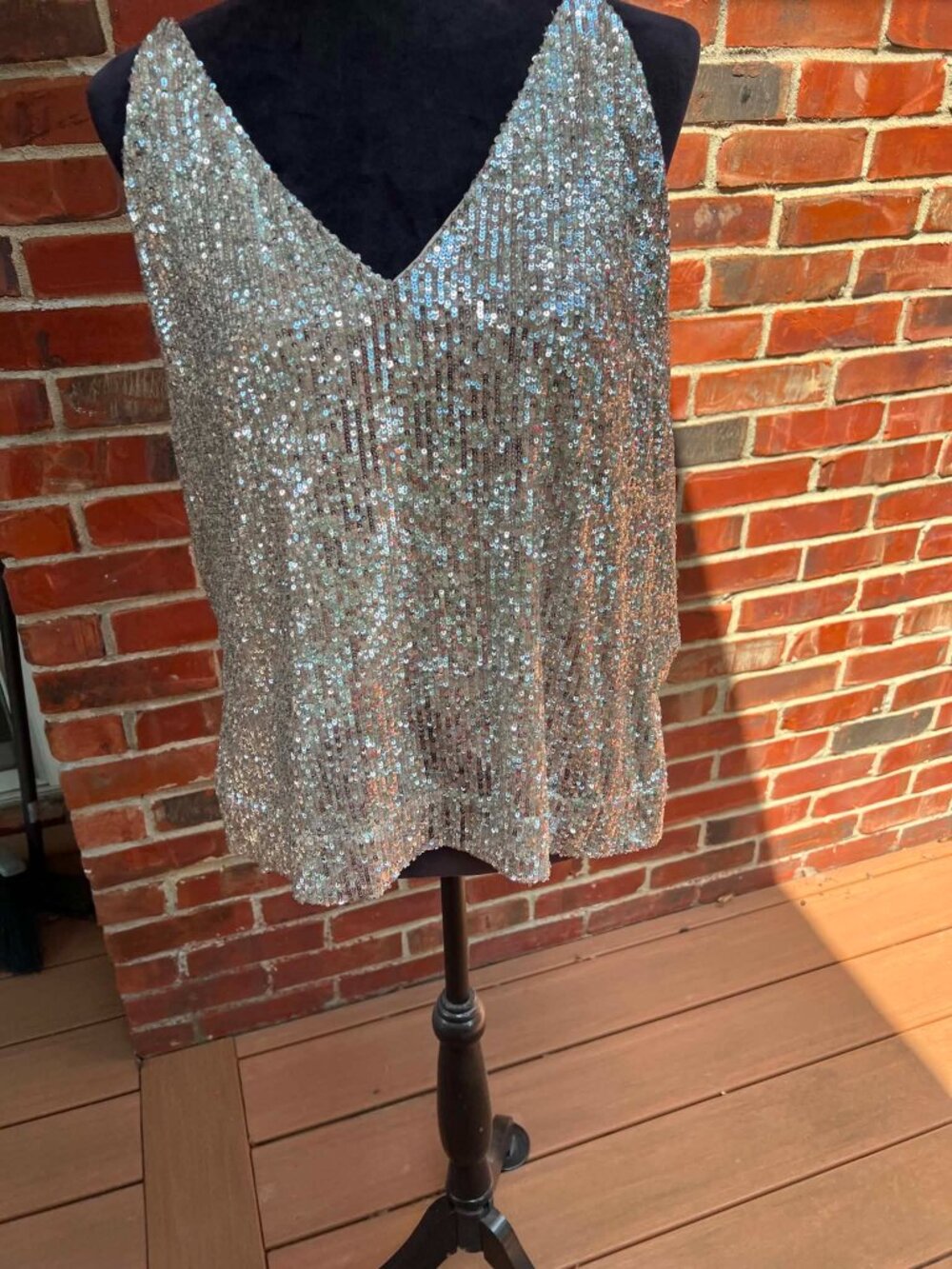 Gianni Bini Silver Sequin V Neck Tank Top with Spaghetti Straps Size L
